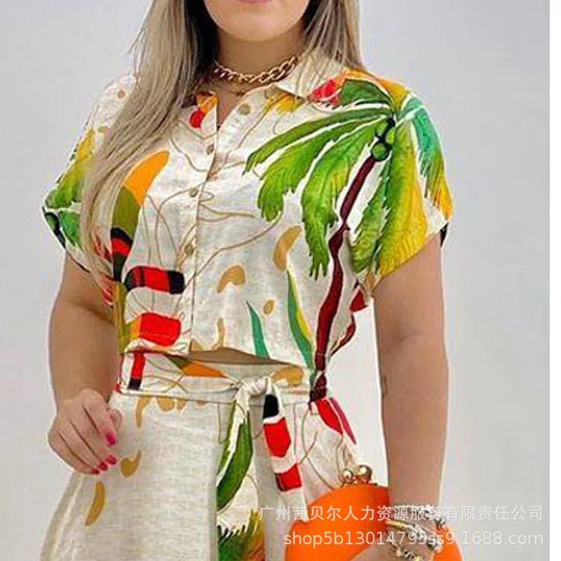 Shirt Top & Slit Skirt Set Dress Sets Women Tropical Print Long Skirt Crop Top Maxi Two Piece Set Work Summer Top Matching Sets - PratSN