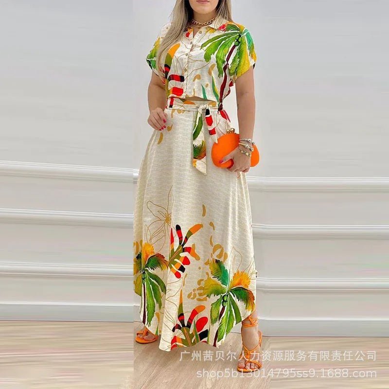 Shirt Top & Slit Skirt Set Dress Sets Women Tropical Print Long Skirt Crop Top Maxi Two Piece Set Work Summer Top Matching Sets - PratSN