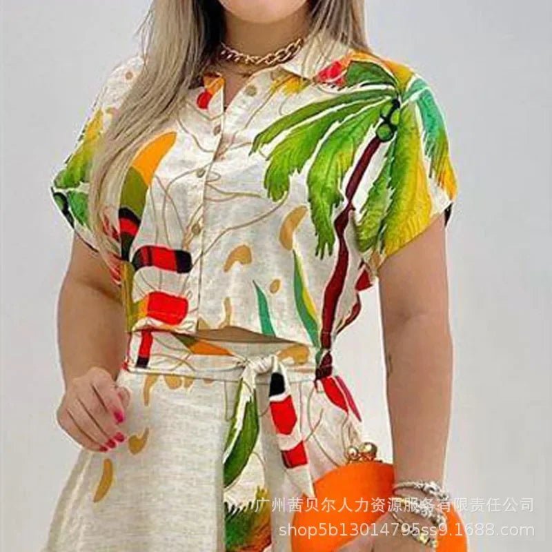 Shirt Top & Slit Skirt Set Dress Sets Women Tropical Print Long Skirt Crop Top Maxi Two Piece Set Work Summer Top Matching Sets - PratSN