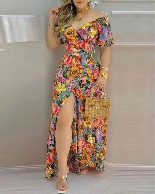 Short Sleeve Printed V - neck Waist - controlled Lace - up Dress - PratSN