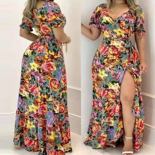 Short Sleeve Printed V - neck Waist - controlled Lace - up Dress - PratSN