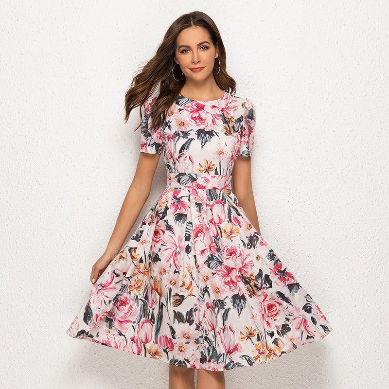 Short - sleeved floral print party dress - PratSN