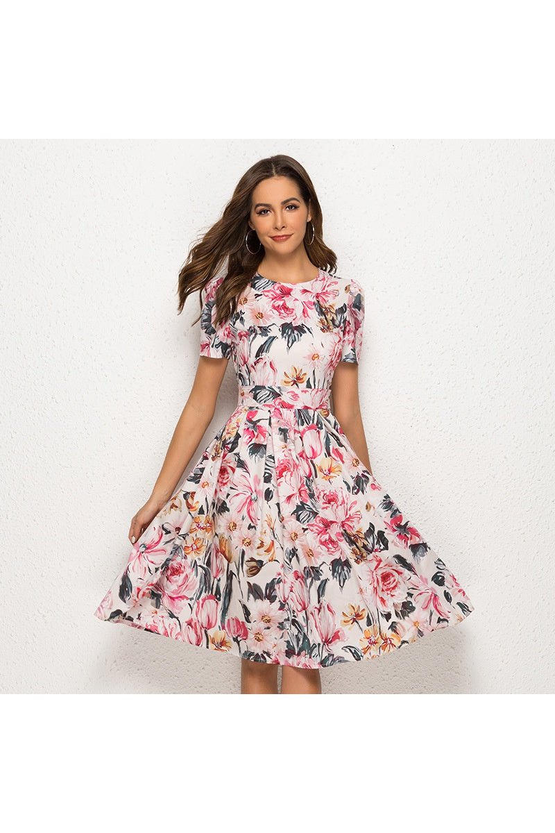 Short - sleeved floral print party dress - PratSN