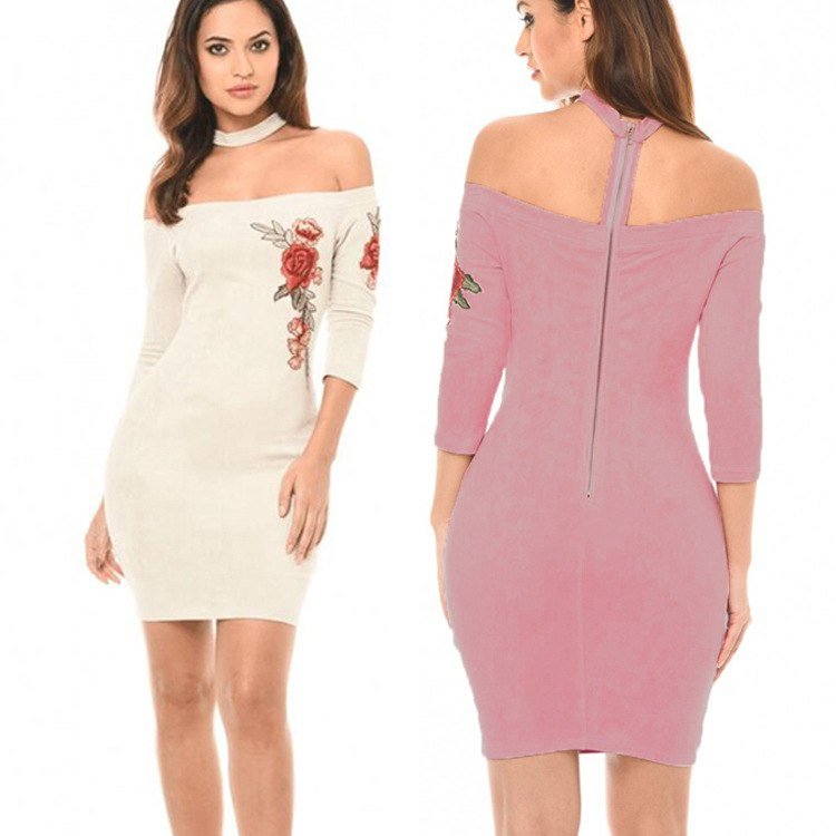Shoulderless Choker Neck Suede Dress Women Rose Flower Embroided Bandage Mini Dress - PratSN