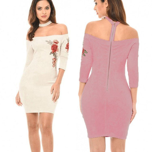 Shoulderless Choker Neck Suede Dress Women Rose Flower Embroided Bandage Mini Dress - PratSN