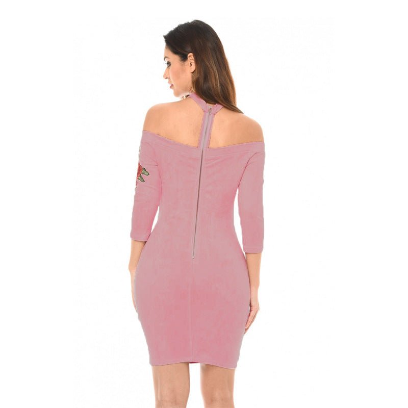 Shoulderless Choker Neck Suede Dress Women Rose Flower Embroided Bandage Mini Dress - PratSN