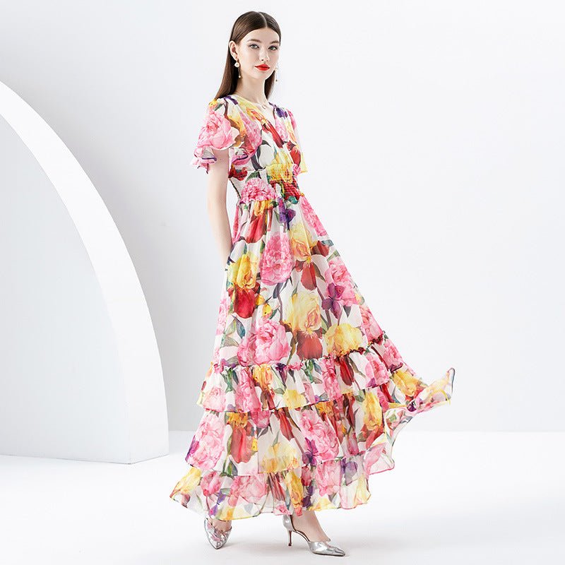 Silver Printing Long Tiered - ruffle Dress - PratSN