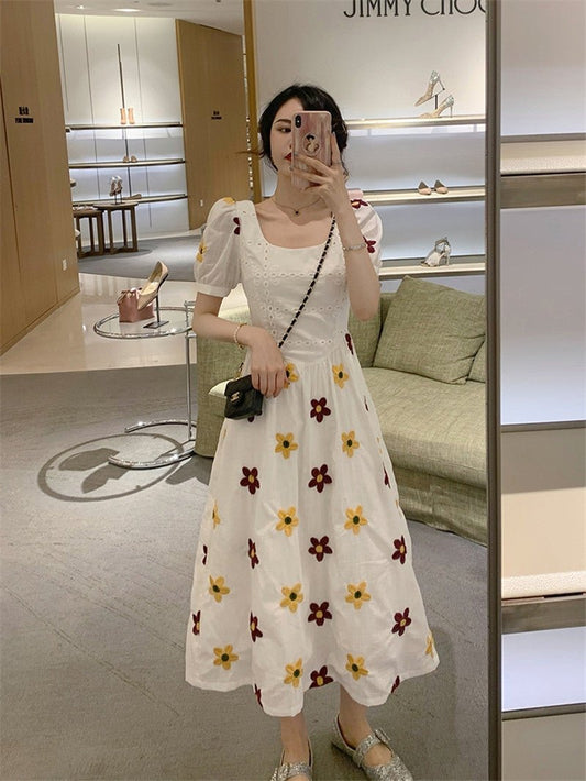 Skirt Summer Women"s New French Floral Dress With Slim Waist And Goddess Style Bubble Sleeve Skirt - PratSN