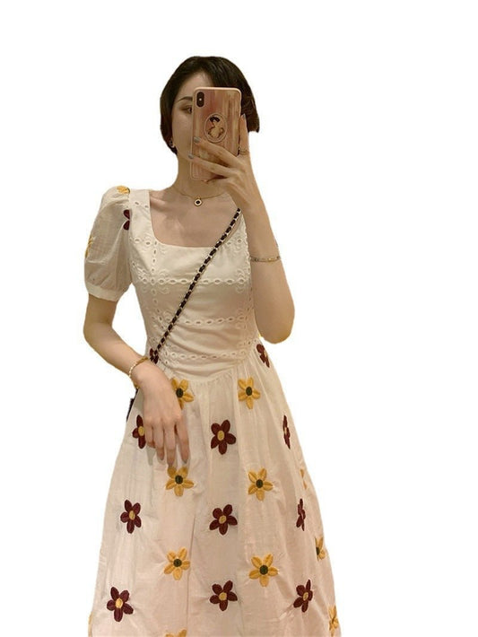 Skirt Summer Women"s New French Floral Dress With Slim Waist And Goddess Style Bubble Sleeve Skirt - PratSN