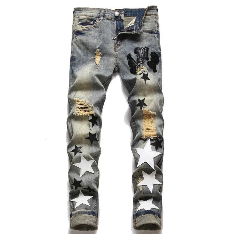 Slim Fit Men's Denim Jeans with Embroidered Leather Patch Hole Punching Casual Trousers Black White Star - PratSN