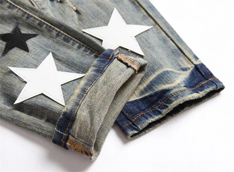 Slim Fit Men's Denim Jeans with Embroidered Leather Patch Hole Punching Casual Trousers Black White Star - PratSN
