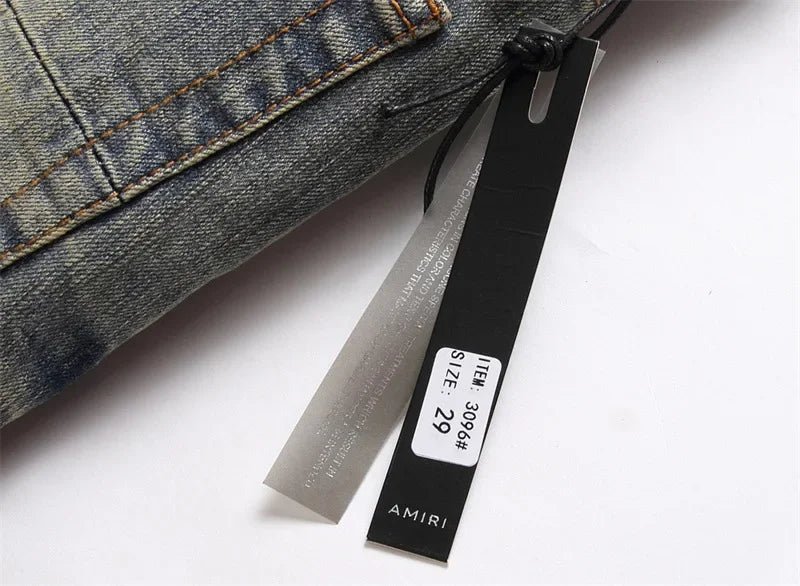 Slim Fit Men's Denim Jeans with Embroidered Leather Patch Hole Punching Casual Trousers Black White Star - PratSN