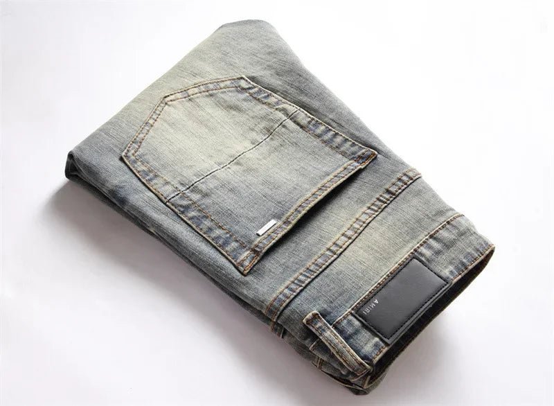 Slim Fit Men's Denim Jeans with Embroidered Leather Patch Hole Punching Casual Trousers Black White Star - PratSN
