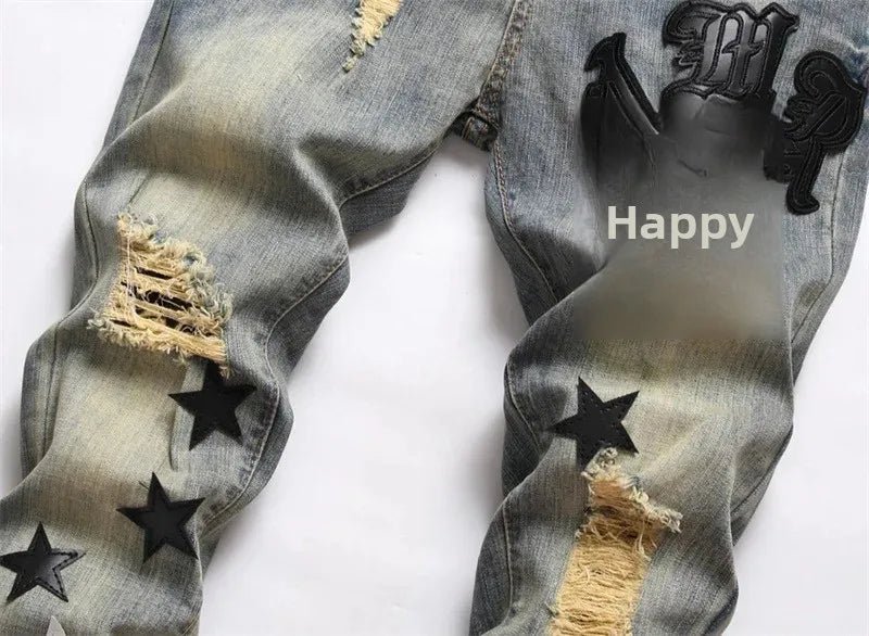 Slim Fit Men's Denim Jeans with Embroidered Leather Patch Hole Punching Casual Trousers Black White Star - PratSN