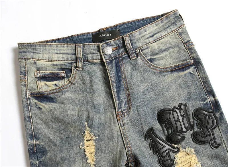 Slim Fit Men's Denim Jeans with Embroidered Leather Patch Hole Punching Casual Trousers Black White Star - PratSN
