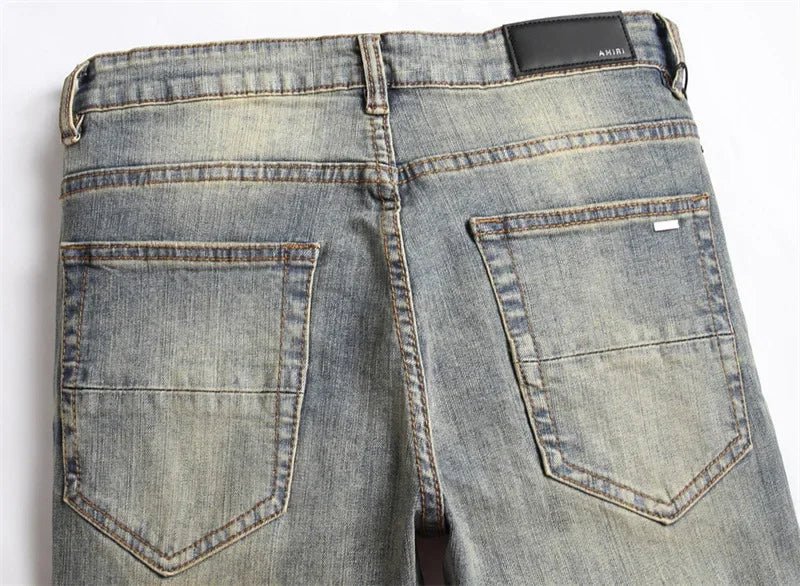 Slim Fit Men's Denim Jeans with Embroidered Leather Patch Hole Punching Casual Trousers Black White Star - PratSN