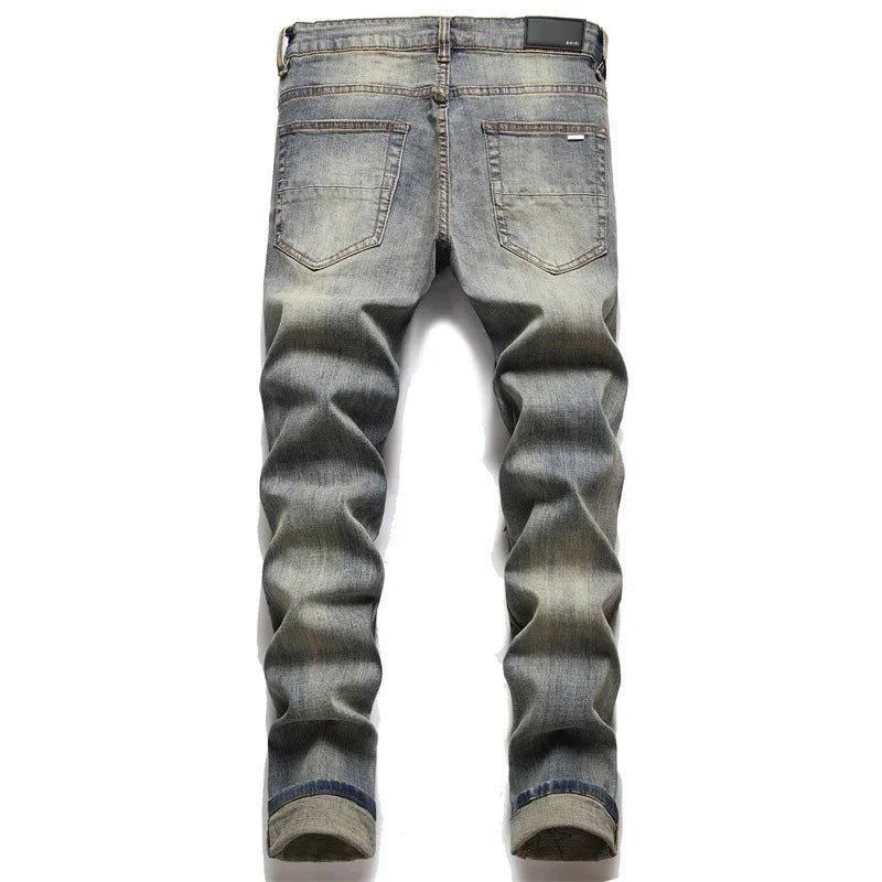 Slim Fit Men's Denim Jeans with Embroidered Leather Patch Hole Punching Casual Trousers Black White Star - PratSN