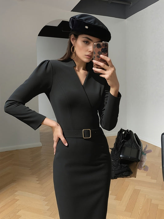 Slim - fitting Casual Suit Dress V - neck Long - sleeved Dresses Commuting Office Clothing For Women - PratSN