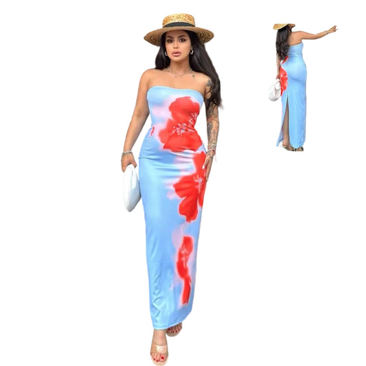 Slim Slit Tube Long Dress Summer Sexy Pint Party Beach Dresses Women's Clothing - PratSN