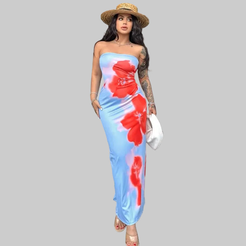 Slim Slit Tube Long Dress Summer Sexy Pint Party Beach Dresses Women's Clothing - PratSN