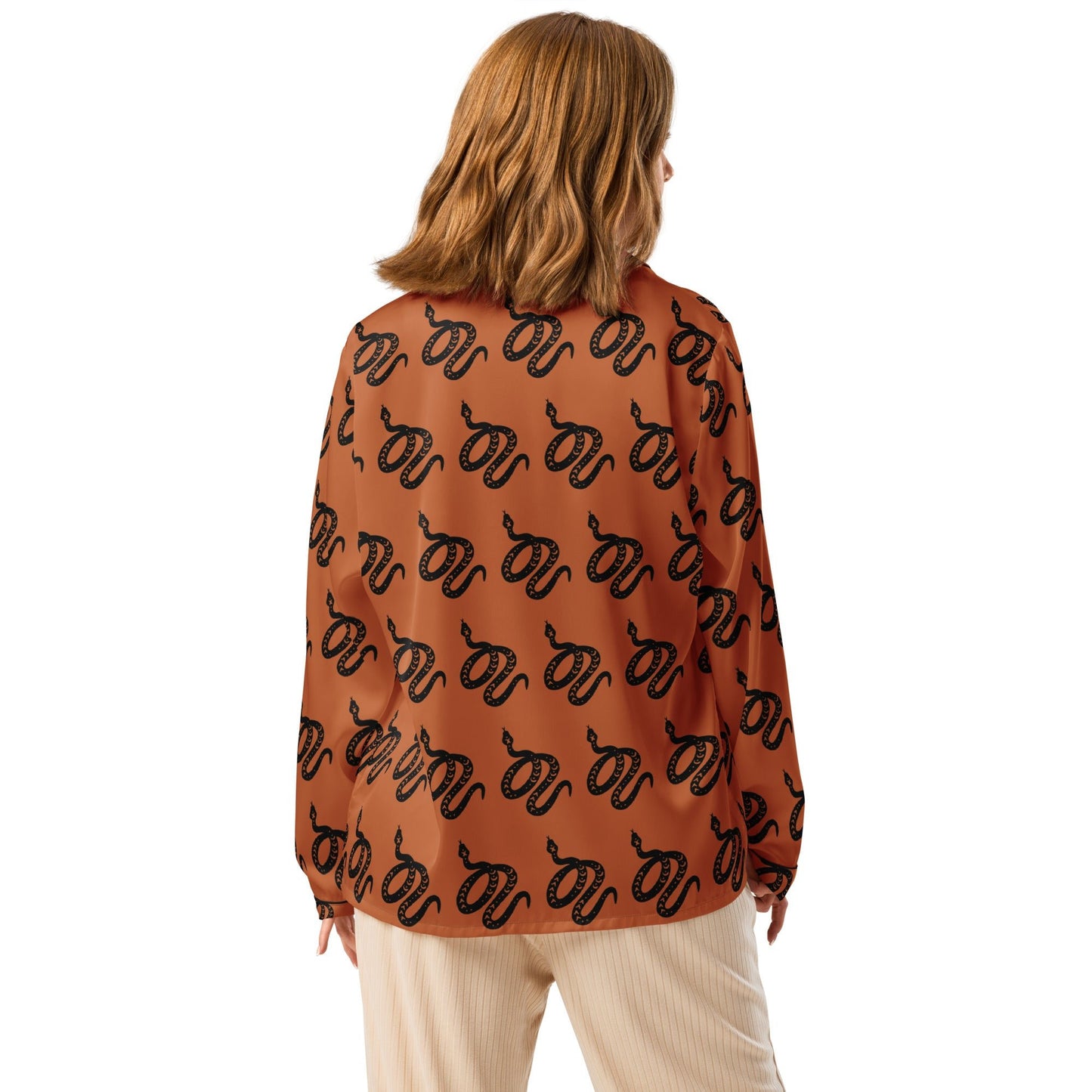 Snake Print women’s long sleeve pajama top in Tenné Brown - Serpentine Delight - PratSN