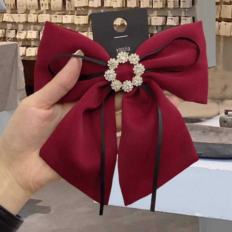 Solid Color Fabric Bow Hair Clips Crystal Hair Bows Ponytail Clip Hairpin Barrettes Headwear Hair Accessories for Women - PratSN
