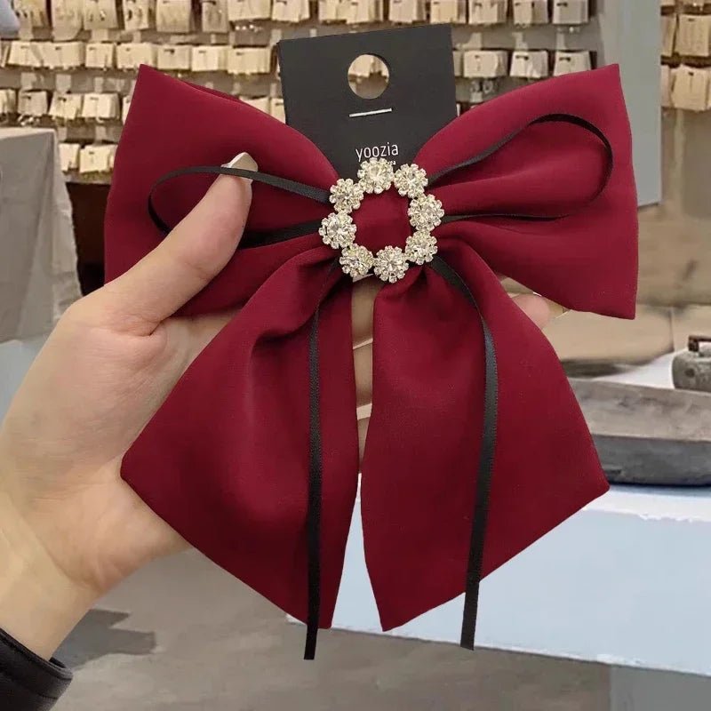 Solid Color Fabric Bow Hair Clips Crystal Hair Bows Ponytail Clip Hairpin Barrettes Headwear Hair Accessories for Women - PratSN