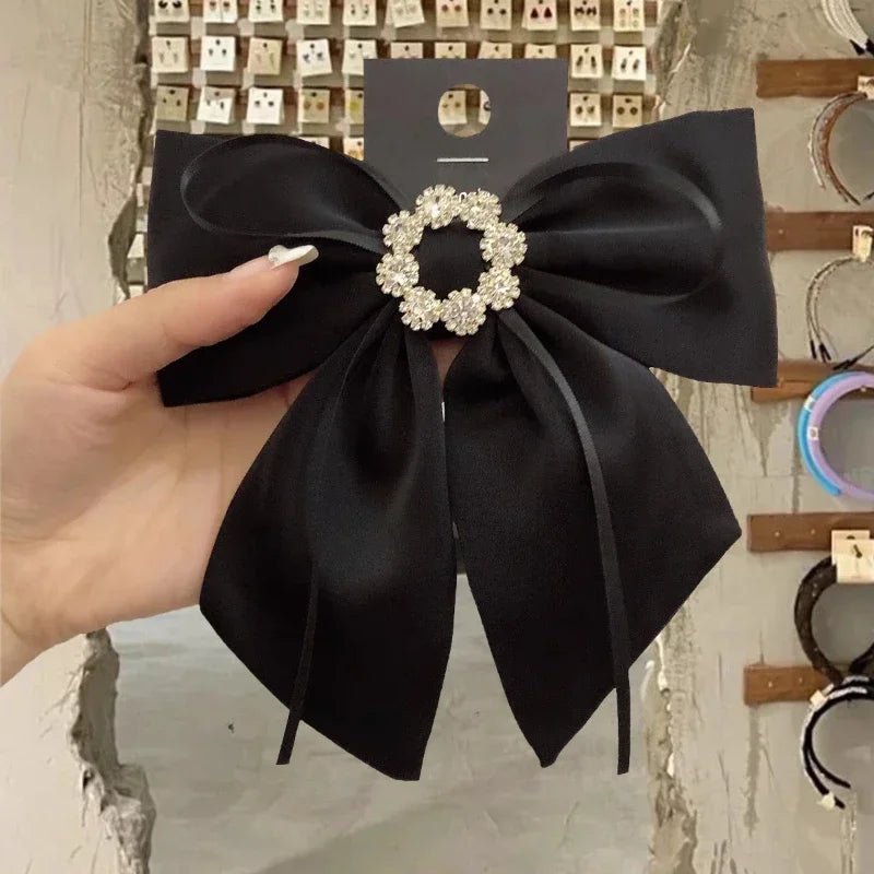 Solid Color Fabric Bow Hair Clips Crystal Hair Bows Ponytail Clip Hairpin Barrettes Headwear Hair Accessories for Women - PratSN