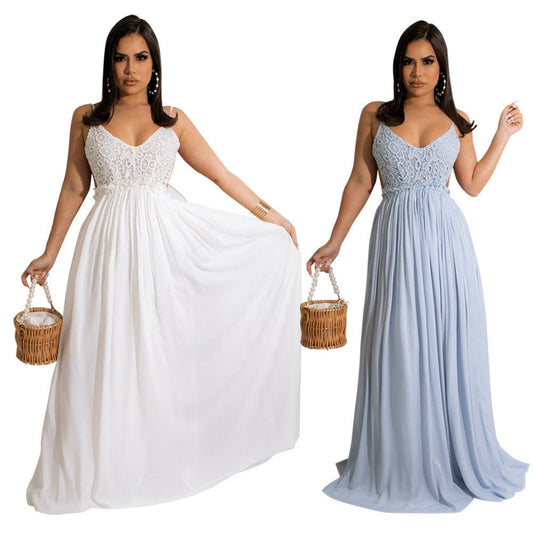 Solid Color Lace Strap Backless Chiffon Women - PratSN