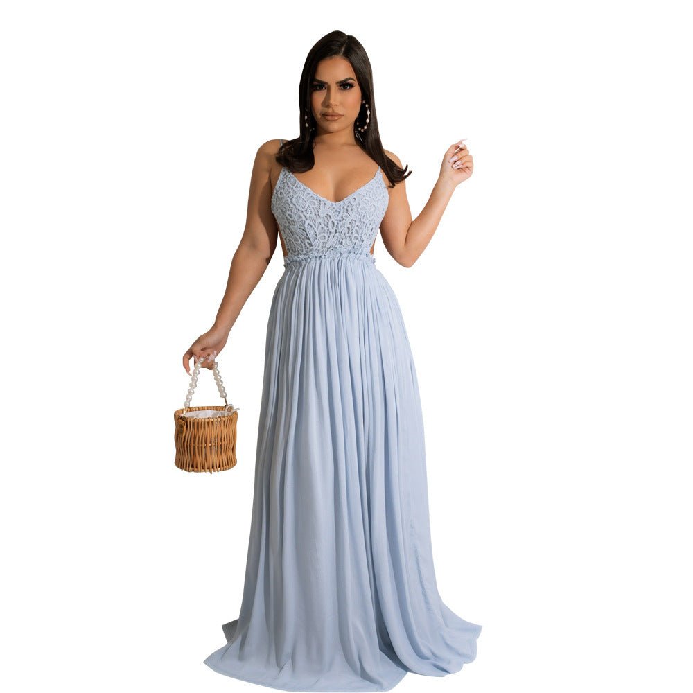 Solid Color Lace Strap Backless Chiffon Women - PratSN
