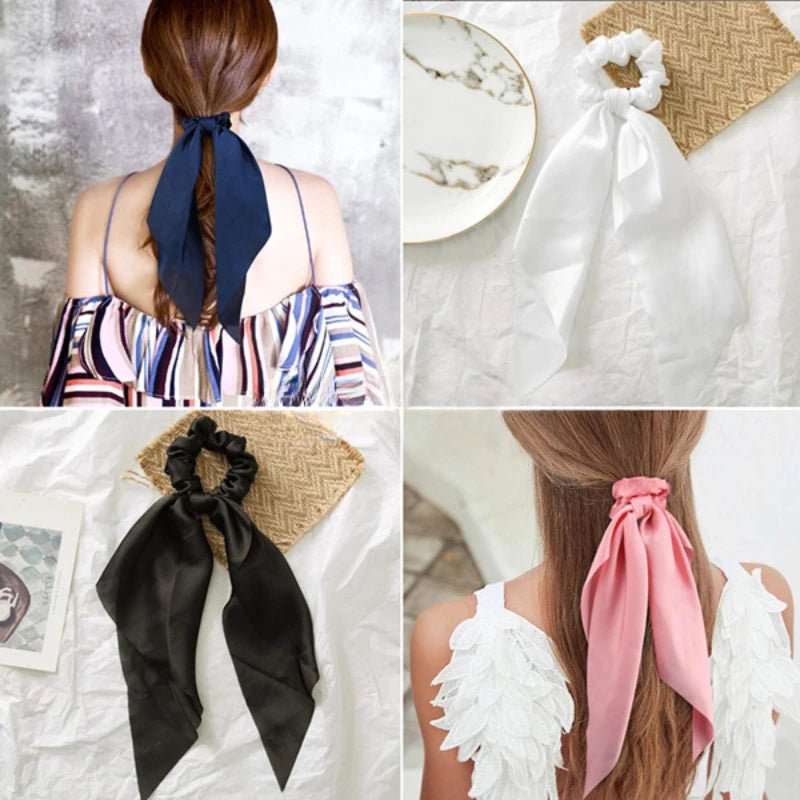 Solid Knotted Satin Long Hair Rope Korean Hair Ties For Women Ponytail Scarf Sweet Elastic Hair Band Girl Headwear Accessories - PratSN