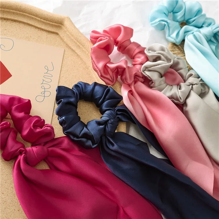 Solid Knotted Satin Long Hair Rope Korean Hair Ties For Women Ponytail Scarf Sweet Elastic Hair Band Girl Headwear Accessories - PratSN