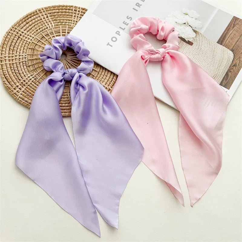 Solid Knotted Satin Long Hair Rope Korean Hair Ties For Women Ponytail Scarf Sweet Elastic Hair Band Girl Headwear Accessories - PratSN