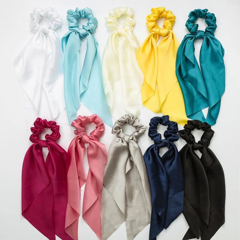 Solid Knotted Satin Long Hair Rope Korean Hair Ties For Women Ponytail Scarf Sweet Elastic Hair Band Girl Headwear Accessories - PratSN