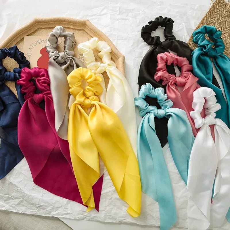Solid Knotted Satin Long Hair Rope Korean Hair Ties For Women Ponytail Scarf Sweet Elastic Hair Band Girl Headwear Accessories - PratSN