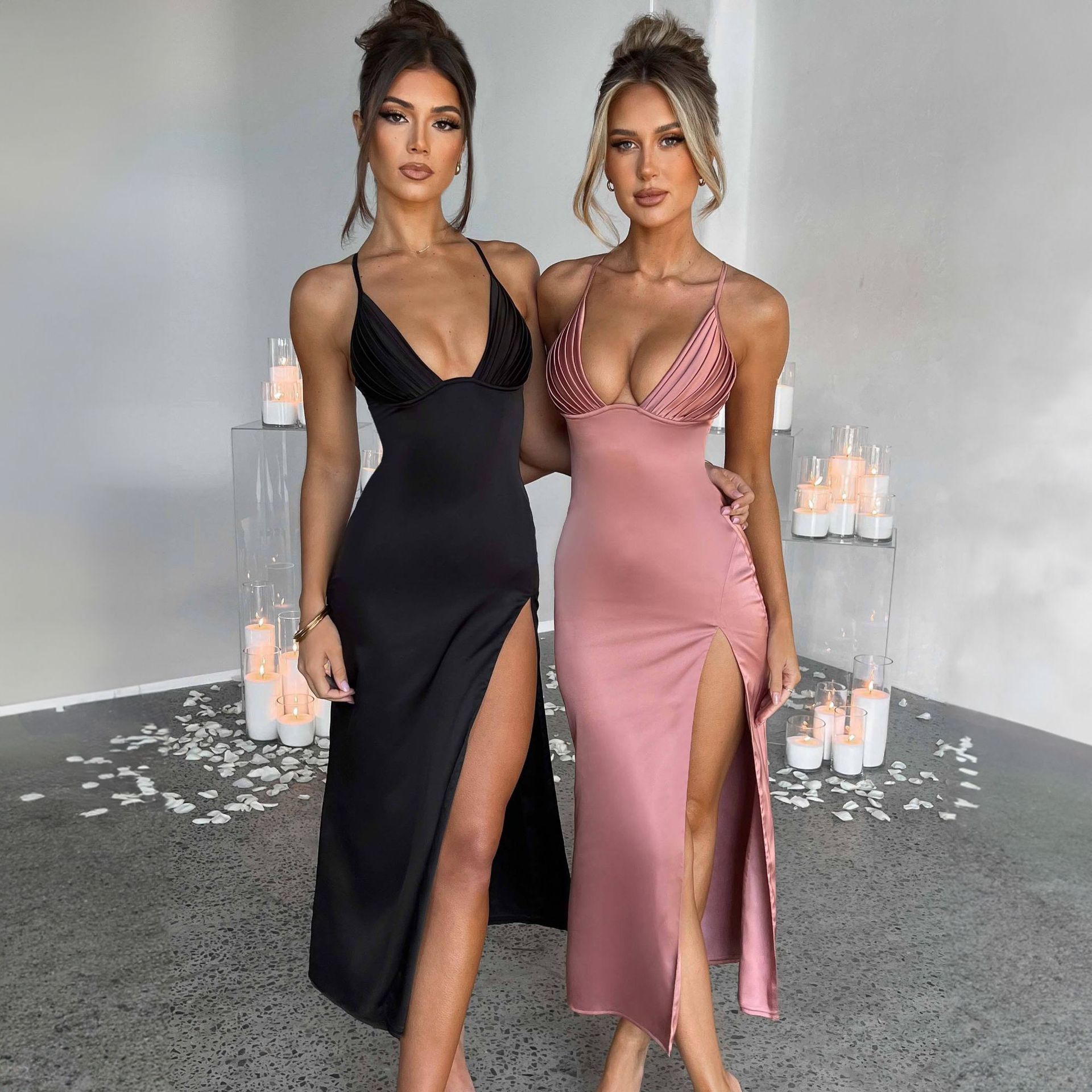 Spaghetti Strap Dress With Split Design Deep V - neck Sleeveless Backless Bodycon Party Dresses For Womens Clothing - PratSN