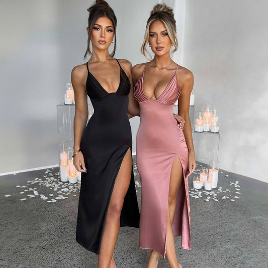 Spaghetti Strap Dress With Split Design Deep V - neck Sleeveless Backless Bodycon Party Dresses For Womens Clothing - PratSN