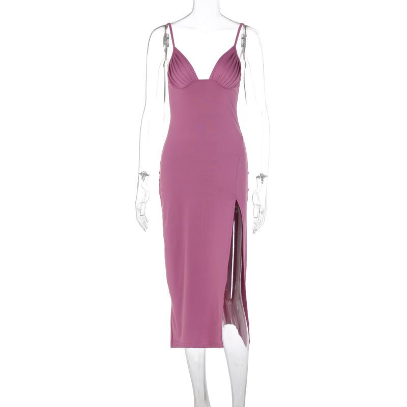 Spaghetti Strap Dress With Split Design Deep V - neck Sleeveless Backless Bodycon Party Dresses For Womens Clothing - PratSN