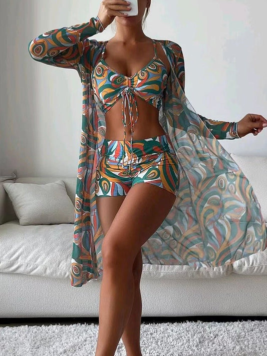 Split Three Piece Swimsuit Women's Printed Long Shawl Drawstring Boxers Bikini - PratSN
