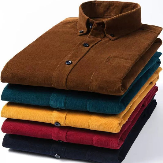 Spring and Autumn Clothing Pure Cotton Corduroy Men's Shirt Long Sleeves Pure Color Casual Loose Corduroy Cotton Shirt plus Size - PratSN