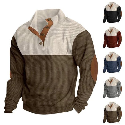 Spring and Autumn European Men's Outdoor Casual Button - up Stand - Up Collar Loose Corduroy Color - Blocked Sports Sweatshirt - PratSN
