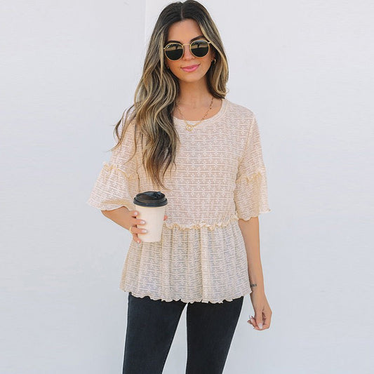 Spring And Summer New Solid Color Pullover Round Neck Short Sleeve Chiffon Shirt - PratSN