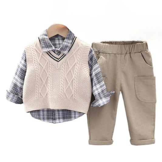 Spring Autumn Baby Boys Clothes Suit Children Casual Plaid Shirt Vest Pants 3Pcs/Sets Toddler Cotton Costume Kids Tracksuits - PratSN