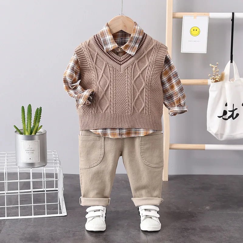 Spring Autumn Baby Boys Clothes Suit Children Casual Plaid Shirt Vest Pants 3Pcs/Sets Toddler Cotton Costume Kids Tracksuits - PratSN
