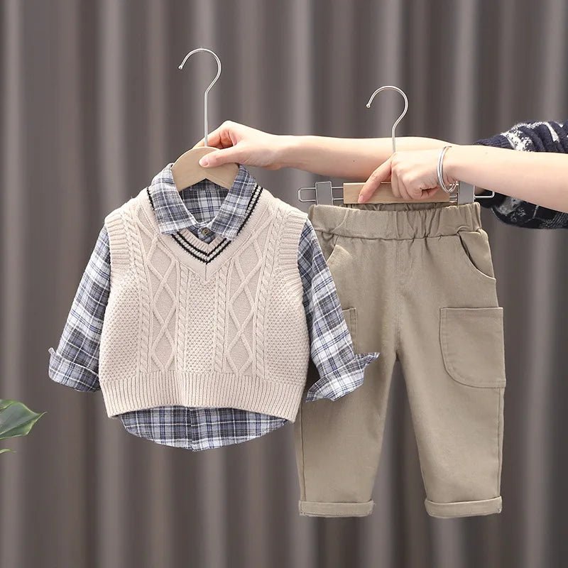 Spring Autumn Baby Boys Clothes Suit Children Casual Plaid Shirt Vest Pants 3Pcs/Sets Toddler Cotton Costume Kids Tracksuits - PratSN