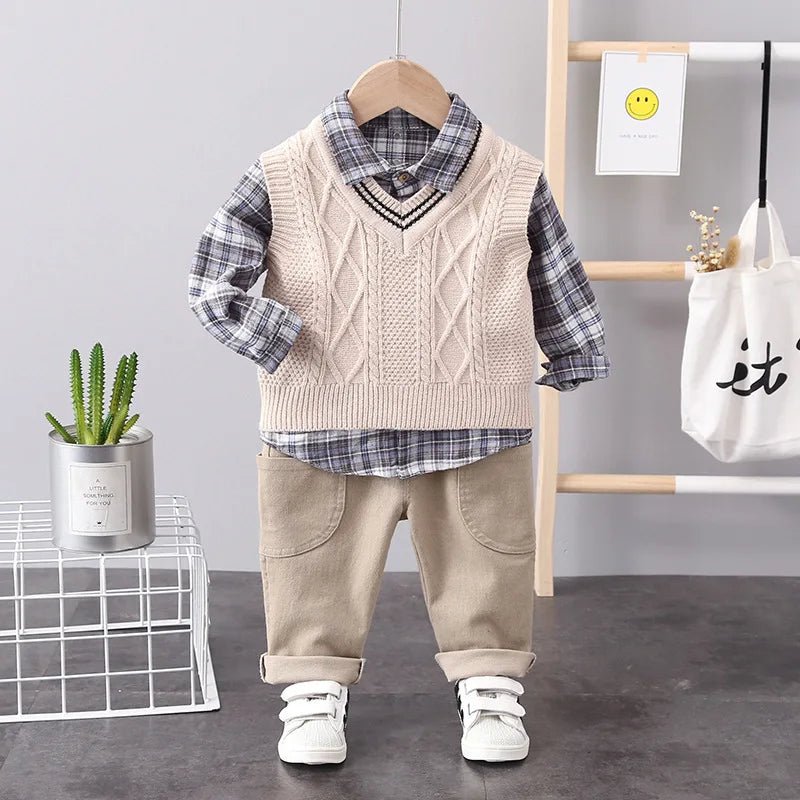 Spring Autumn Baby Boys Clothes Suit Children Casual Plaid Shirt Vest Pants 3Pcs/Sets Toddler Cotton Costume Kids Tracksuits - PratSN