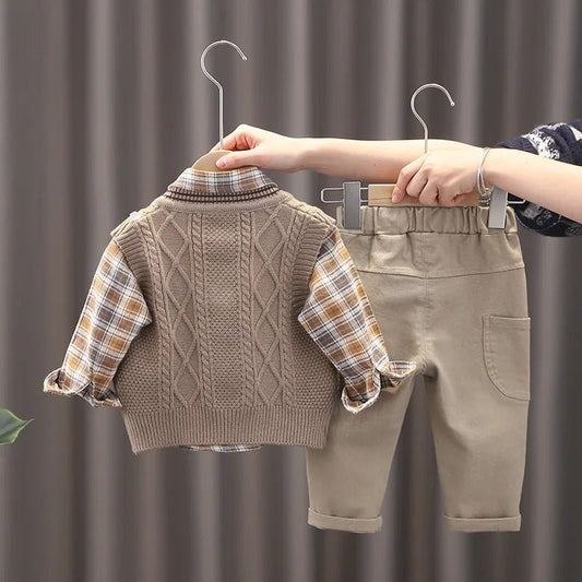 Spring Autumn Baby Boys Clothes Suit Children Casual Plaid Shirt Vest Pants 3Pcs/Sets Toddler Cotton Costume Kids Tracksuits - PratSN