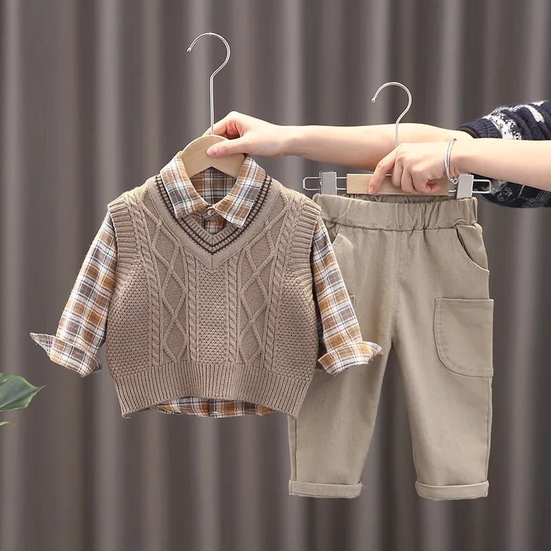 Spring Autumn Baby Boys Clothes Suit Children Casual Plaid Shirt Vest Pants 3Pcs/Sets Toddler Cotton Costume Kids Tracksuits - PratSN