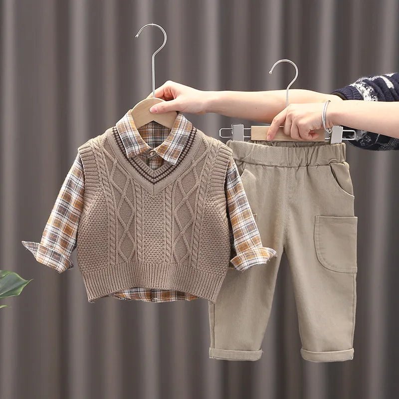 Spring Autumn Baby Boys Clothes Suit Children Casual Plaid Shirt Vest Pants 3Pcs/Sets Toddler Cotton Costume Kids Tracksuits - PratSN