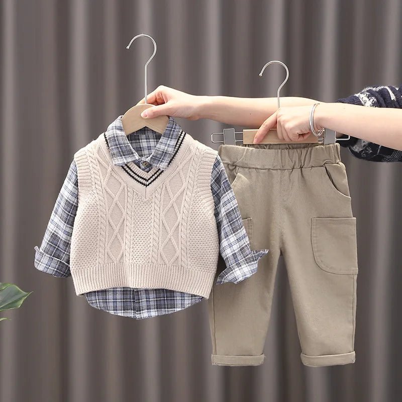 Spring Autumn Baby Boys Clothes Suit Children Casual Plaid Shirt Vest Pants 3Pcs/Sets Toddler Cotton Costume Kids Tracksuits - PratSN